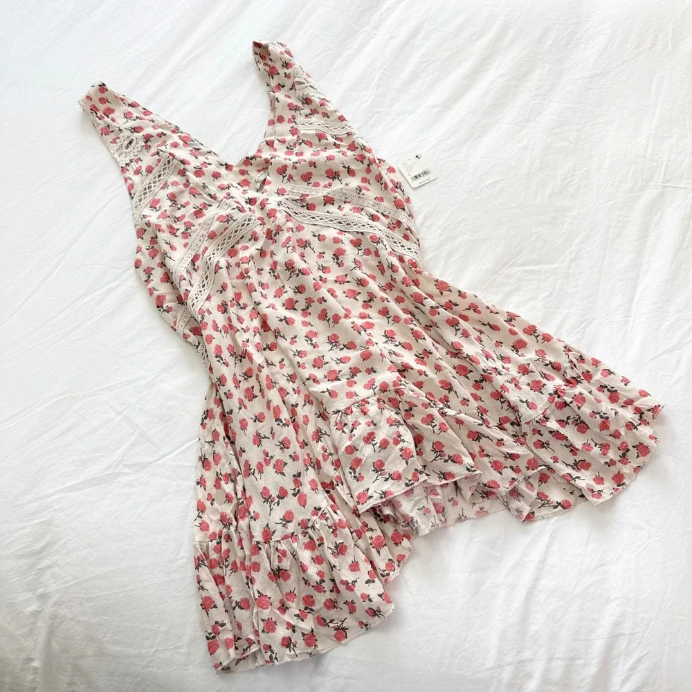 Free People Let It Happen Floral Mini Dress Lace Ruffle Hem Size Large